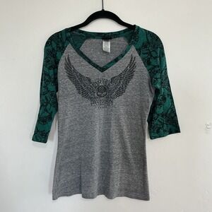 Harley-Davidson Womens Grizzly Missoula Montana Rhinestone Winged Skull Top S